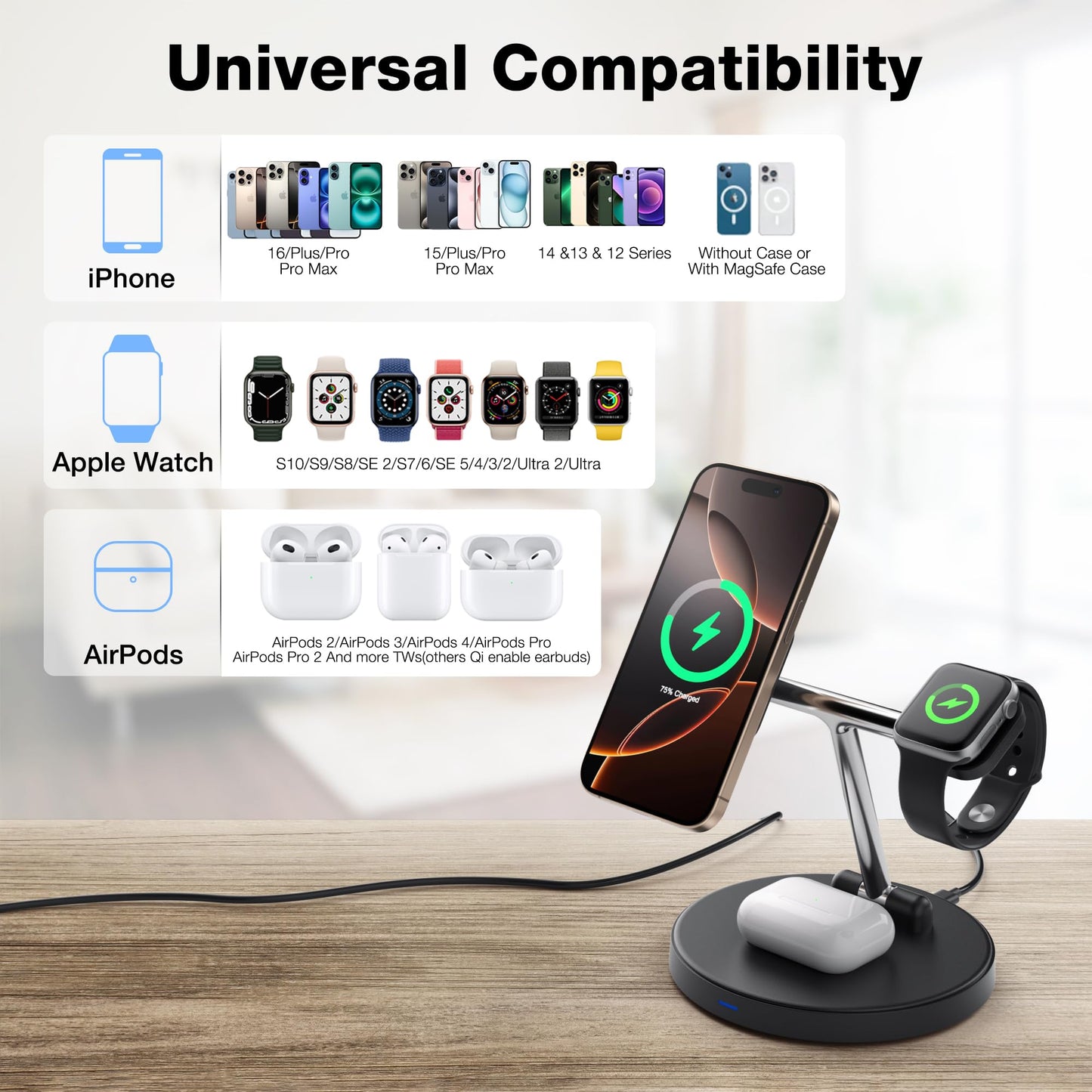 3 in 1 Foldable Magnetic Wireless Charger Stand, Fast Charging Station for iPhone 17/16/15/14/13/12 Series, Apple Watch S10/S9/S8/SE 2/S7/6/SE
