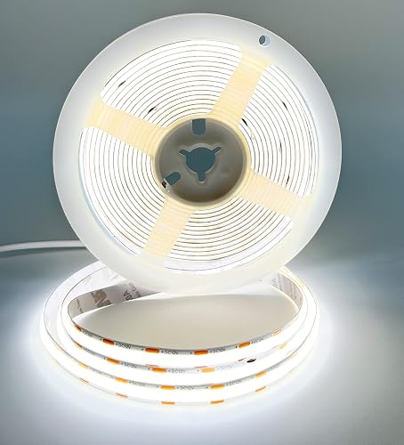 PISIN 12V COB LED Strip Light White 6000K IP20 Uniform Light Emitting 480LEDs/M 16.4FT/5M CRI90 Flexible Can be Cropped LED Light Strip Cabinet Home