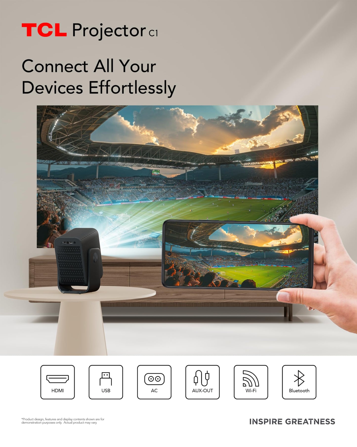 TCL C1 Smart Projector 4K Support, Google TV & Netflix Officially Licensed, WIFI and Bluetooth, Auto Focus Keystone, Native 1080p, Dolby Audio, 285°