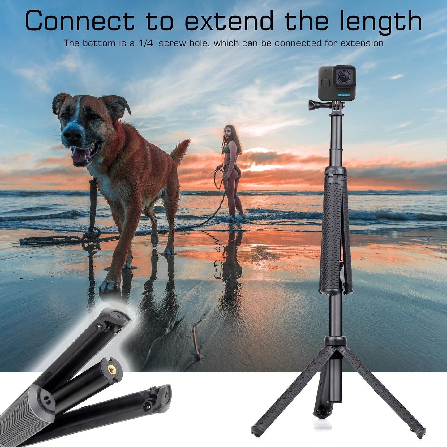 GEPULY 34''Extended Selfie Stick Underwater Tripod Waterproof Hand Grip for Go Pro Hero 13 12 11 10 9 8 7 6 5 4, AKASO,SJCAM,DJI Action 6