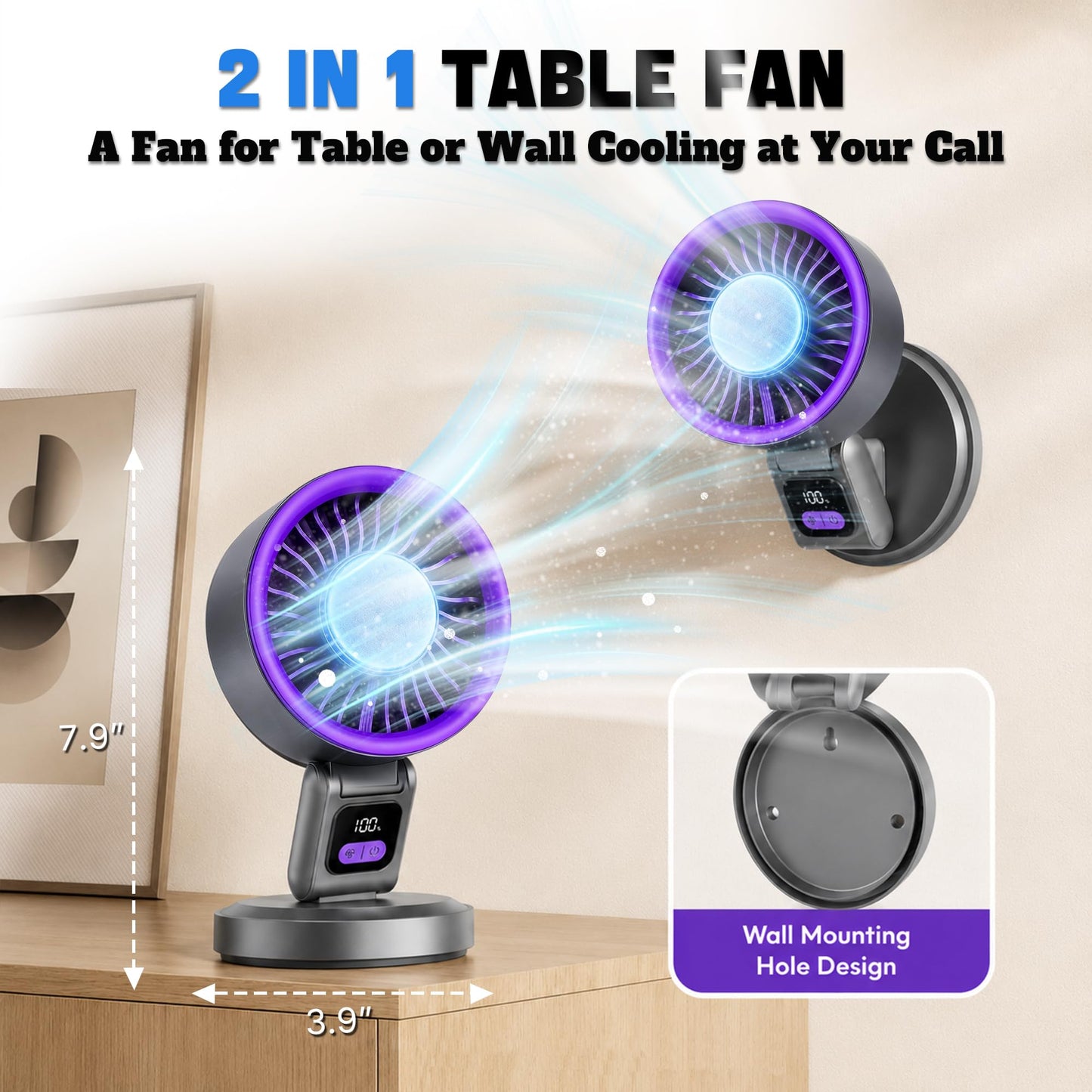 Sovrelon Desk Fan with Ice Cooling, 199-Speed Digital Display, Portable cordless Personal Fan 3600mAh Rechargeable, 180°Adjustable TiltQuiet Table Fan