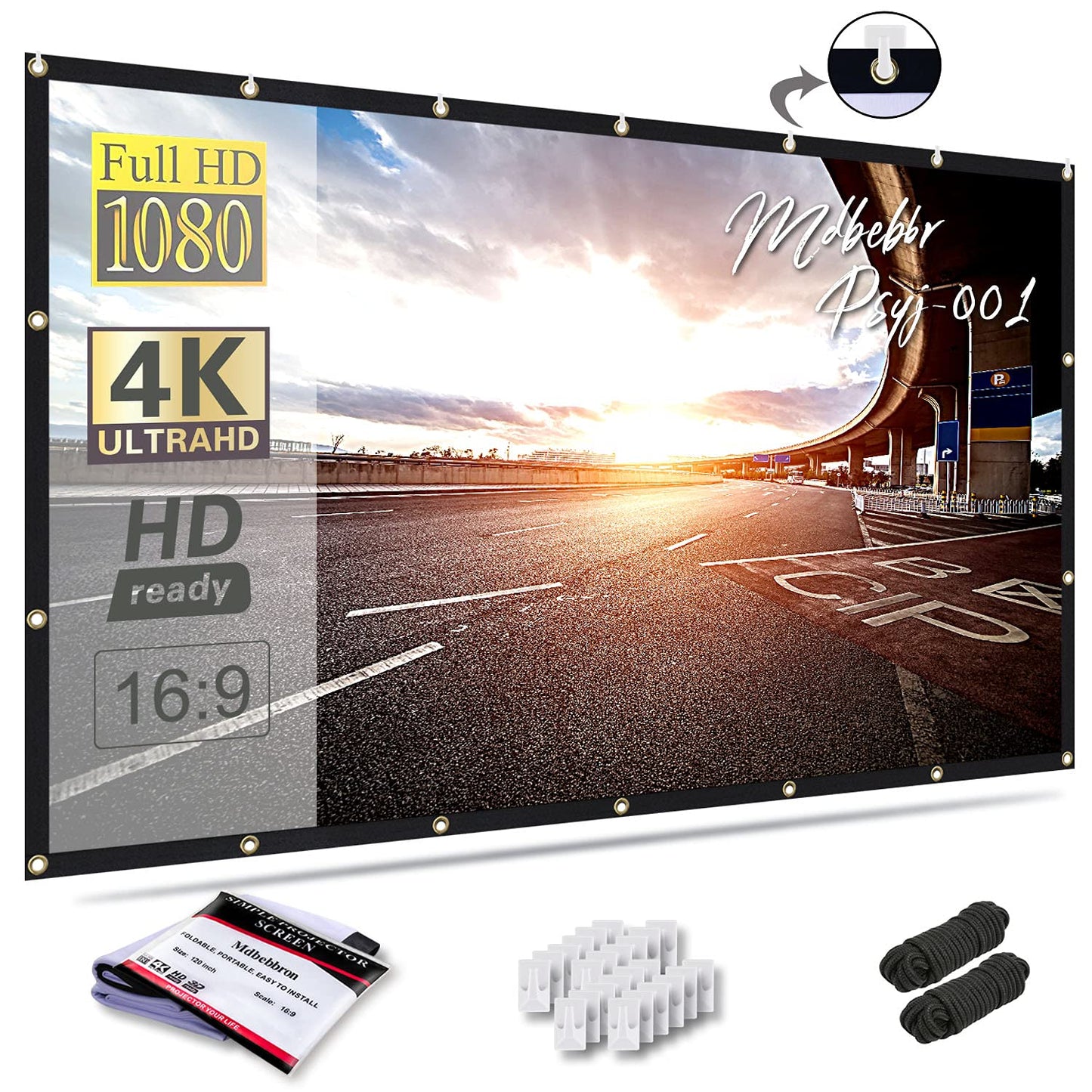 Mdbebbron 120 inch Projector Screen 16:9 Foldable Anti-Crease Portable Projector Movies Screens for Home Theater Outdoor Indoor Support Double Sided