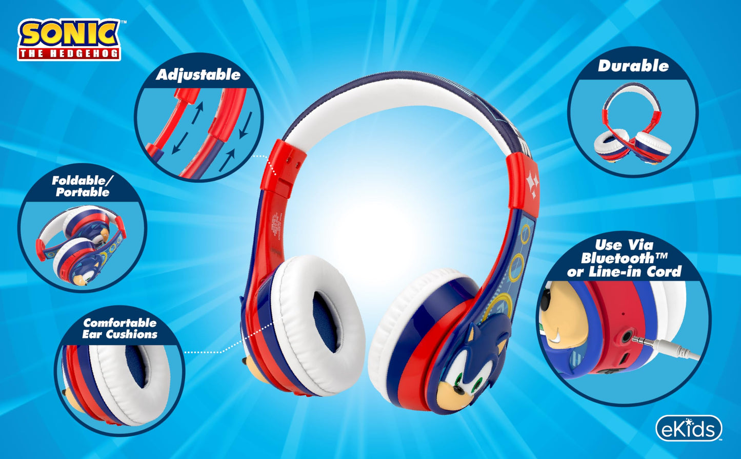 Sonic The Hedgehog Bluetooth Headphones for Kids, Wireless Headphones with Microphone, Includes Aux Cord (Sonic)
