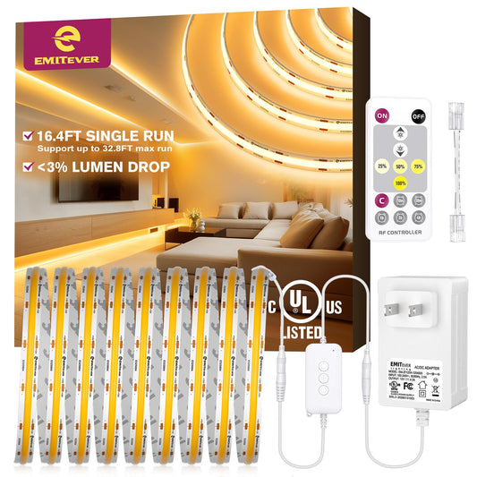 EMITEVER COB LED Light Strip 16.4FT Kit,2700K Warm White,12V Long Run No Voltage Drop for Uniform Brightness,Dimmable,Flexible Tape Light for Indoor