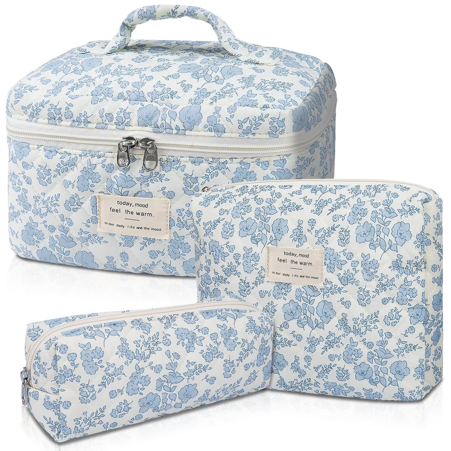 Large Quilted Makeup Bag – Big Floral Cosmetic Pouch for Women & Girls, Cute Cotton Travel Toiletry Organizer Bag Set with Flowers