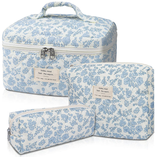 Large Quilted Makeup Bag – Big Floral Cosmetic Pouch for Women & Girls, Cute Cotton Travel Toiletry Organizer Bag Set with Flowers