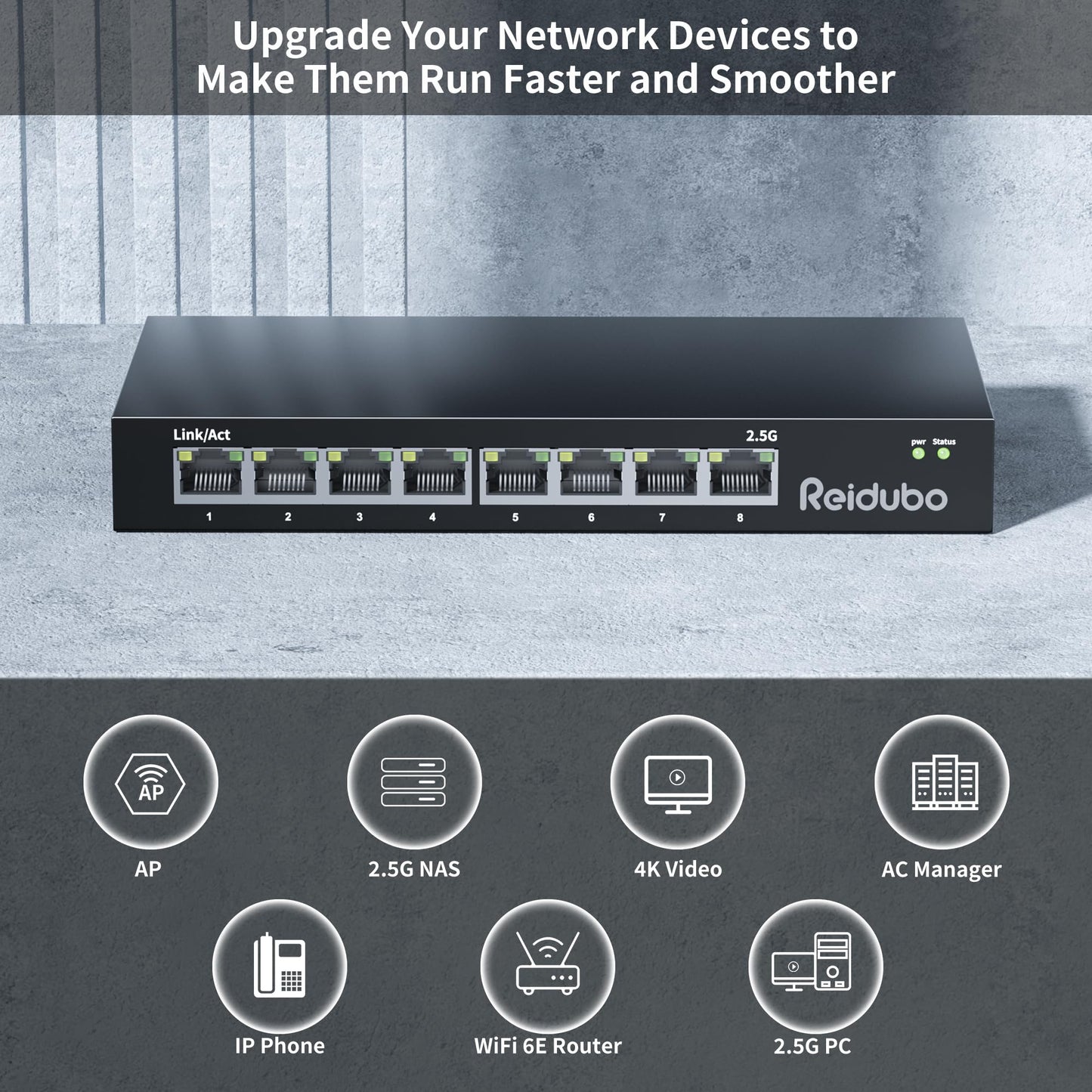Reidubo Ethernet Switch Unmanaged, 8 Port 2.5gb Switch, 60Gbps Switching Capacity, Ideal for 2.5Gbps NAS/PC, 4K Video, Game Console, AP, Desktop Wall