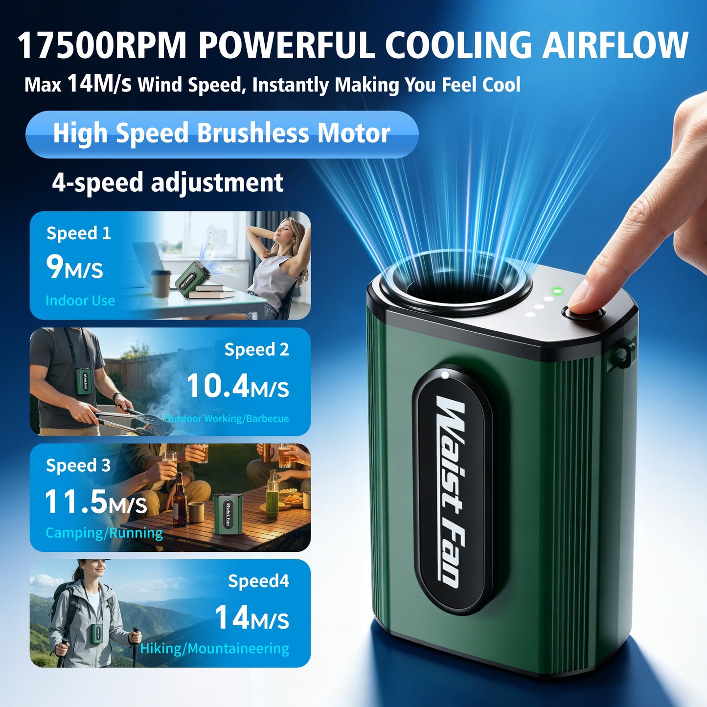 Waist Fan Portable Clip on 17500RPM, Lightweight Belt Fan Rechargeable, Hands Free Personal Cooling Mini Neck Fan for Men Women Outdoor Jobsite