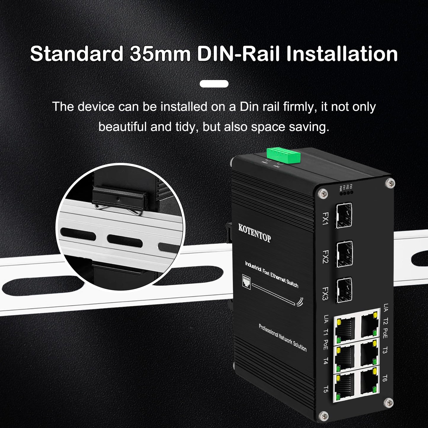 9-Port Unmanaged Industrial Ethernet Hardened Network Fiber Switch with 6 x 10/100Base-T RJ45 Plus 3 x 100Base-FX SFP,Support 12~48VDC, IEEE802.3af/at