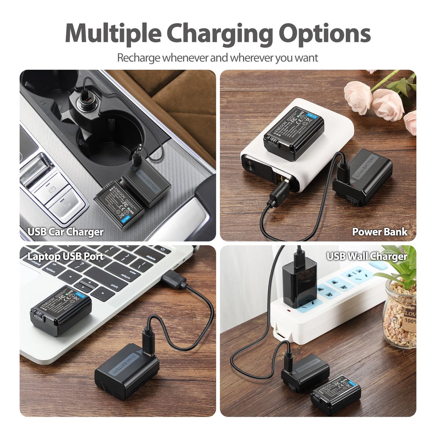 ENEGON NP-FW50 2-in-1 USB-C Direct Charging Replacement Batteries 1500mAh (2-Pack) for Sony NEX 3/5/7, A7, A7II, A7SII/R/RII/ZV-E10, A6000, A6300