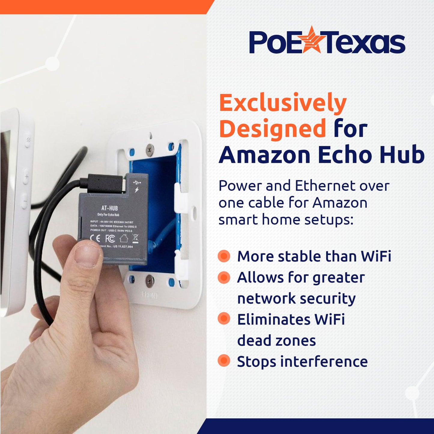 PoE Texas at-HUB PoE+ to USB-C Power and Data Delivery for Amazon Echo Hub Smart Home Control Panel - Power Output, 10/100 Mbps Speeds with USB-C