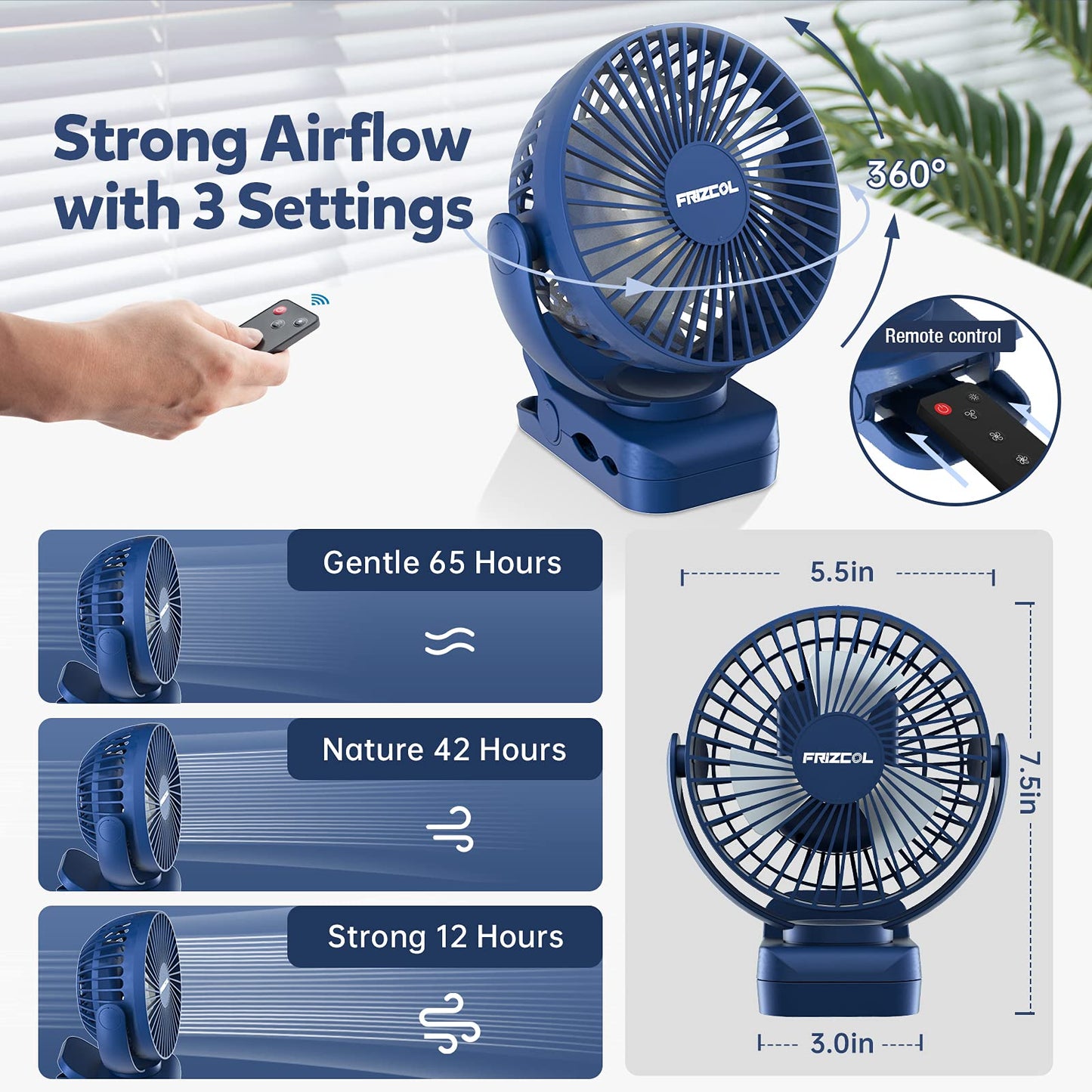 Clip on Fan, 65Hours Portable Rechargeable Fan with LED Lights/Remote/Hooks