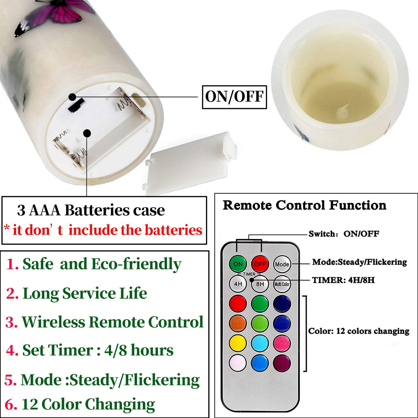 Kelake Flameless LED Candles with 18-Key Remote Timer 5 inch Tealight Butterfly and Plant Decor Wax Electric Candle Lights 12 Color Changing
