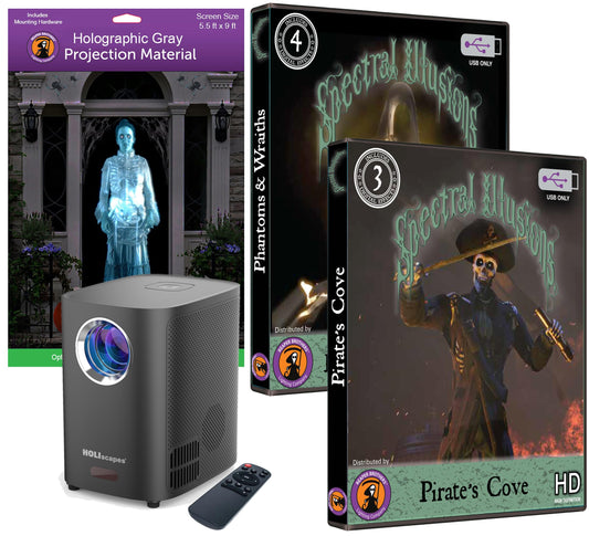 HoliScapes® USB Projector Kit - Spectral Pirates Cove plus Phantoms & Wraiths on USB + Projector + 5.5 ft x 9 ft Large Gray Holographic Screen