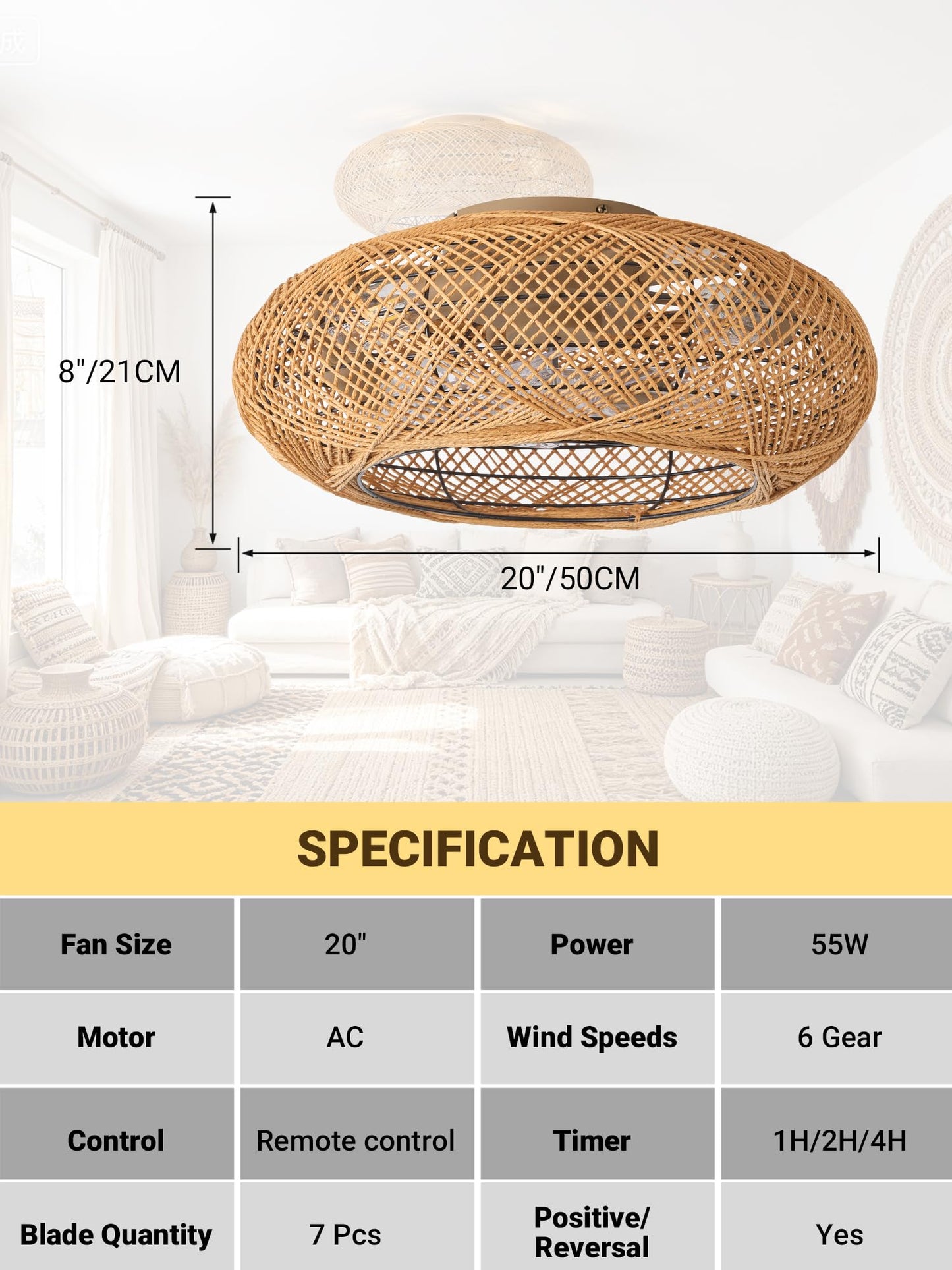 jorbeca 20" Boho Caged Fandelier Ceiling Fans with Lights Low Profile Brown