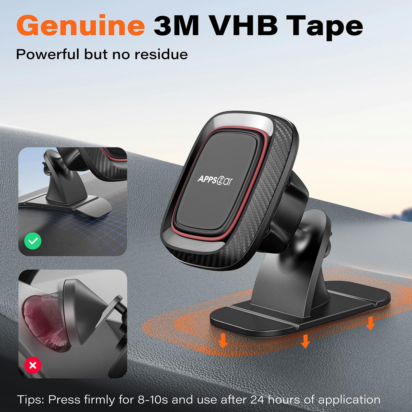 [2 Pack] Magnetic Phone Holder for Car, APPS2Car Dashboard Magnetic Car Phone Holder Mount with Strong VHB Adhesive Mounting, Requires Metal Plate