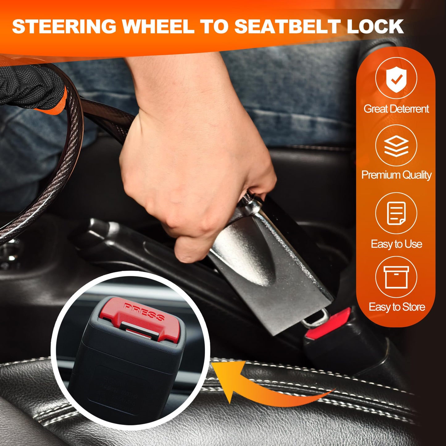 KAYCENTOP Car Steering Wheel Lock, Seat Belt Lock, Car Locks Anti-Theft Device with Aluminum Alloy Lock Housing, Max 17 Inch Length, High Visibility