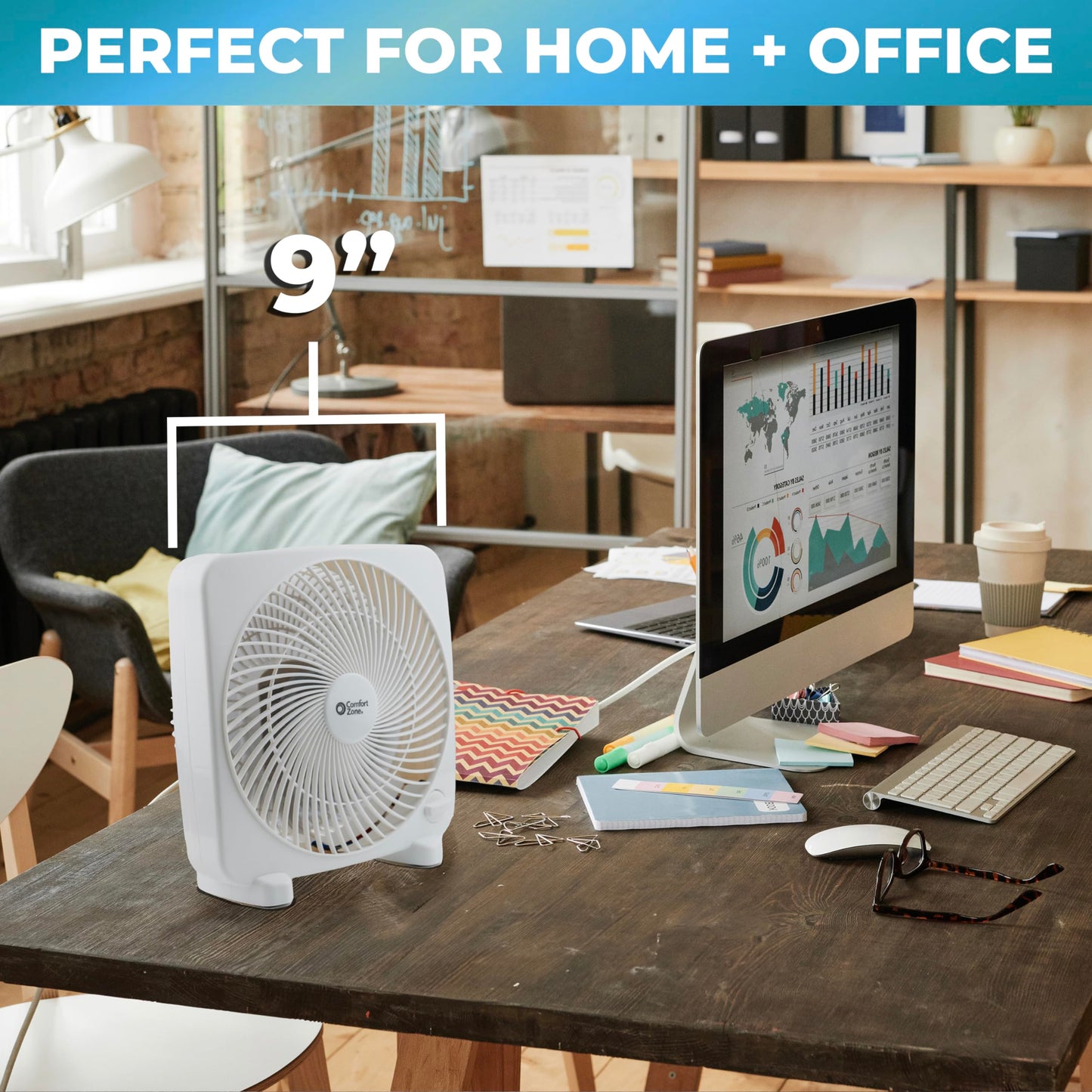 Comfort Zone Box Fan, 9 inch Portable Desk fan, Quiet 3 Speed Mini Fan for Bedroom, Electric Bedside Table Fan, White