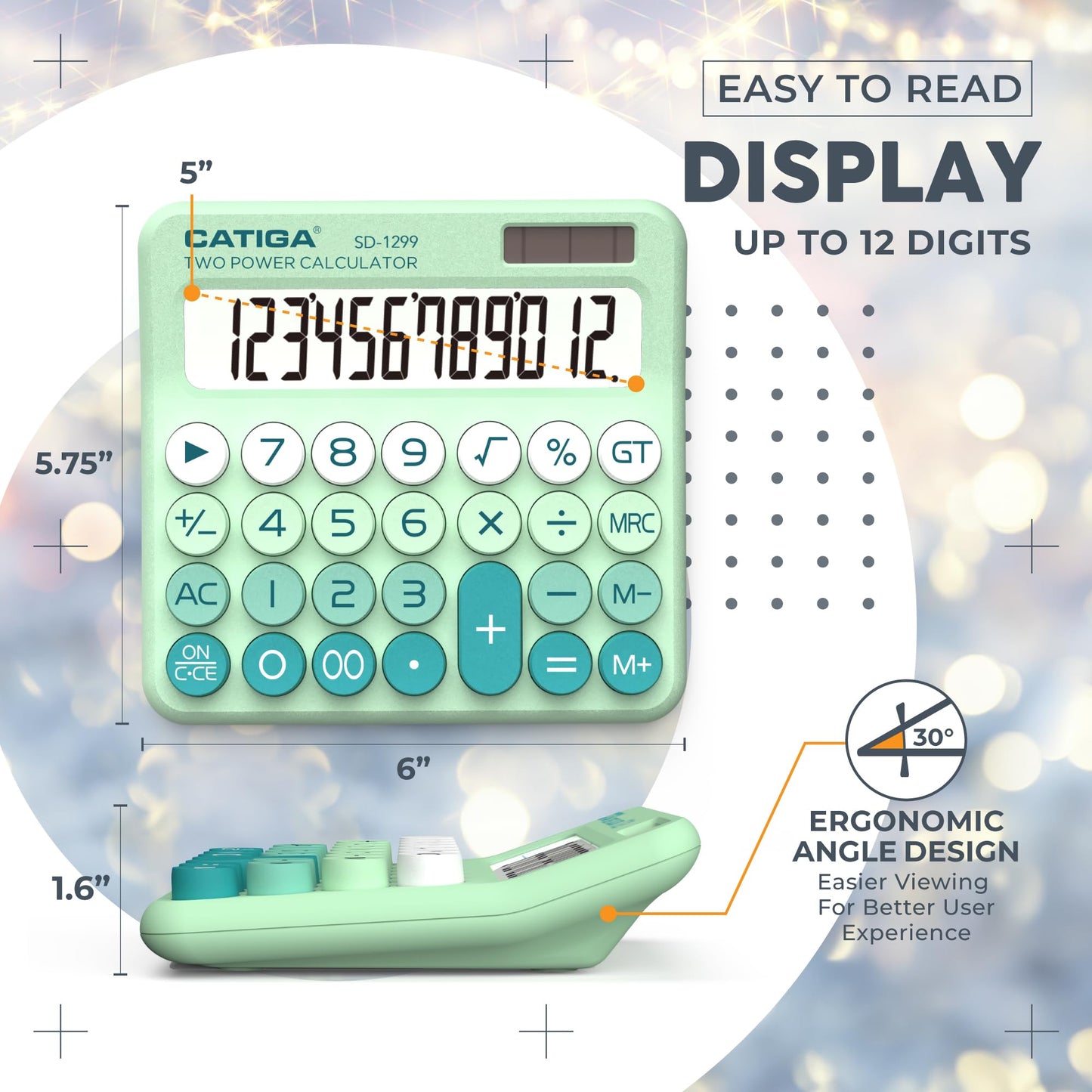 CATIGA Mechanical Switch Calculator with Solar and Battery Dual Power, 12-Digit Large LCD Display, Aesthetic and Cute Desktop Calculator with Big
