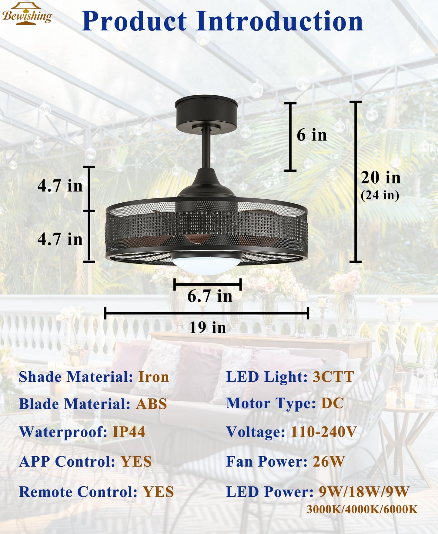 Bewishing 20" Outdoor Indoor Ceiling Fan with Light, IP44 Waterproof Fandelier, RGB & 3 CCT, Smart APP Remote, 6-Speed DC Motor, Cage Design