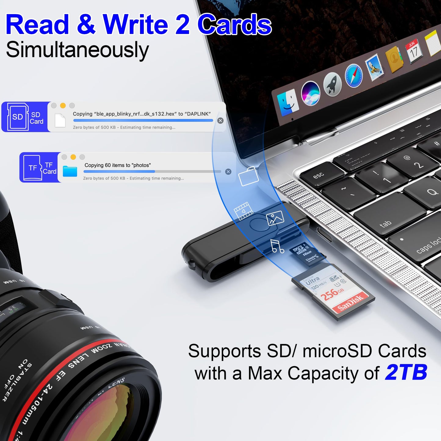 USB C Lightning SD Card Reader for iPhone 15 iPad Mac - 2 in 1 Micro SD/SD Card Adapter(Read Two Cards simultaneously), Portable Digital Camera