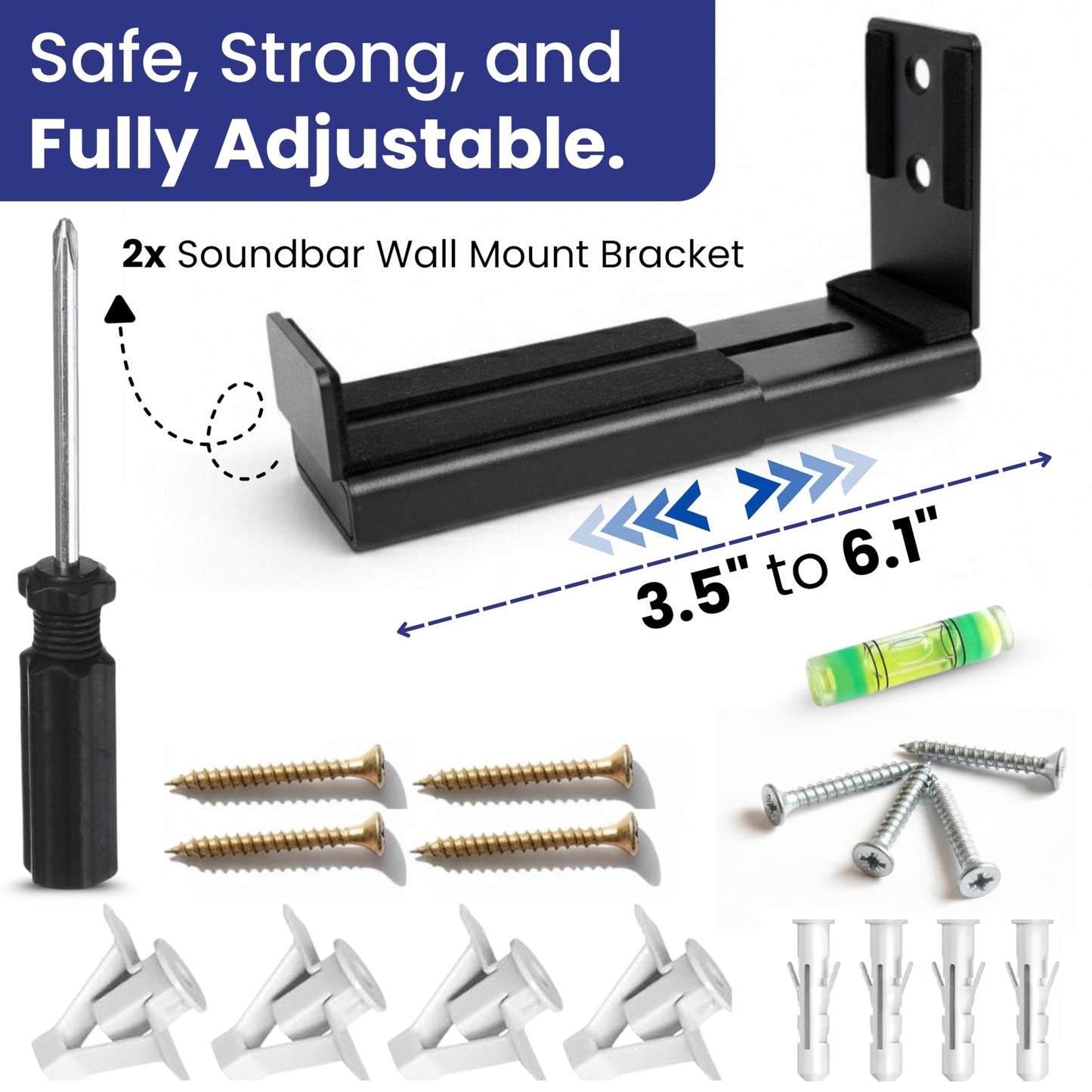 LUXTORO Premium Universal Soundbar Wall Mount Bracket Adjustable Depth 3.5 to 6.1 Inch Heavy Duty Holds Up to 33lbs Full Installation Kit Included