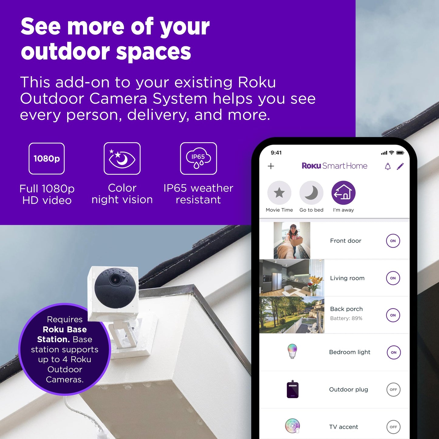 Roku Outdoor Camera (No Base) for Home Security - Security Camera with HD Night Vision, Works with Google, Motion Detection & 2-Way Audio (Renewed)