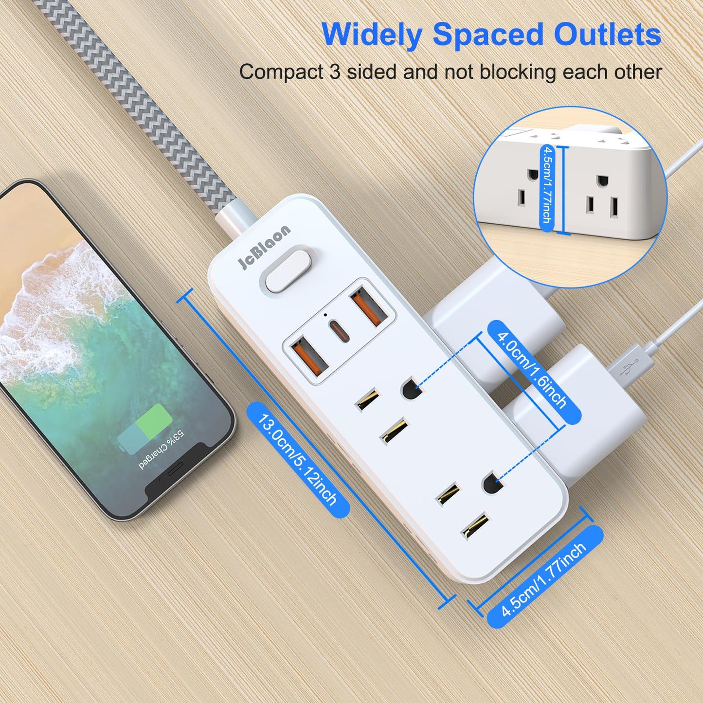 Extension Cord with Multiple outlets, 10 Ft Braided Power Cord, 6 Widely Outlets with 3 USB Ports (1 USB C), Ultra Thin Flat Plug, 3 Sided 1050J Power
