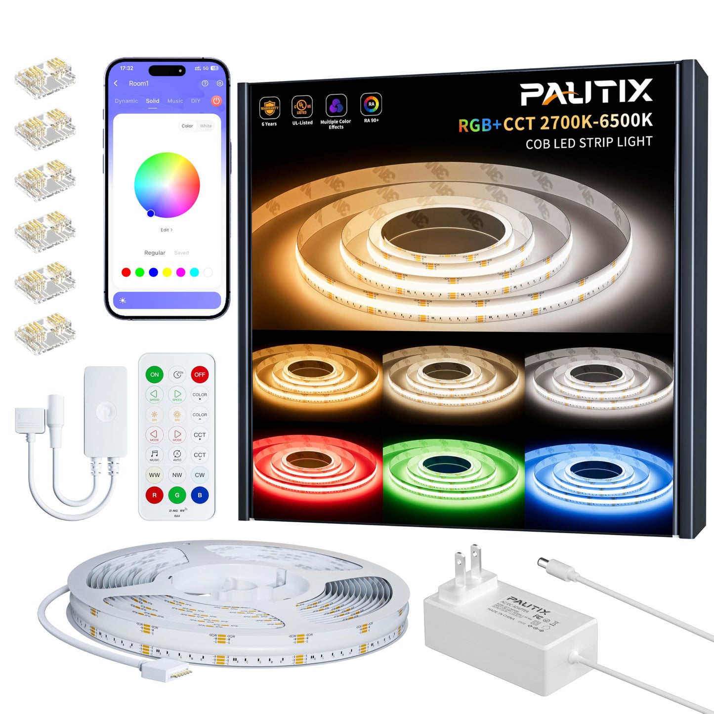 PAUTIX COB LED Strip Lights,32.8ft RGB+CCT 2700K-6500K White LED Lights,Dimmable Color Changing RGB LED Strip Light,with Remote/APP Control,for