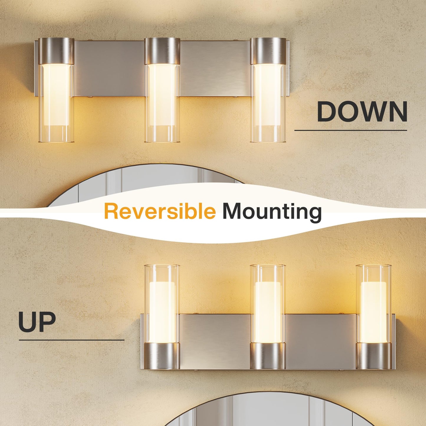 Tribesigns LED Bathroom Light Fixtures, 3-Light Vanity Lights Over Mirror, Wall Lights with 3 Color Modes & Sand Nickel Finish, Wall Sconces