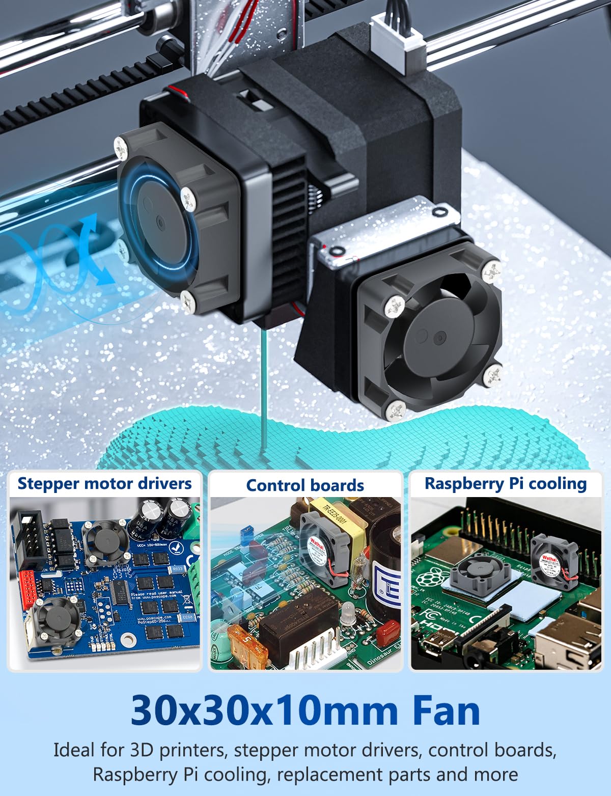Wathai 2pcs 3010 30mm Fan 24V Dual Ball DC Brushless 3D Printer Micro 24 Volt Cooling Fans 30x30x10mm 2Pin with 1000 mm / 3.3 FT Wires for 3D Printer