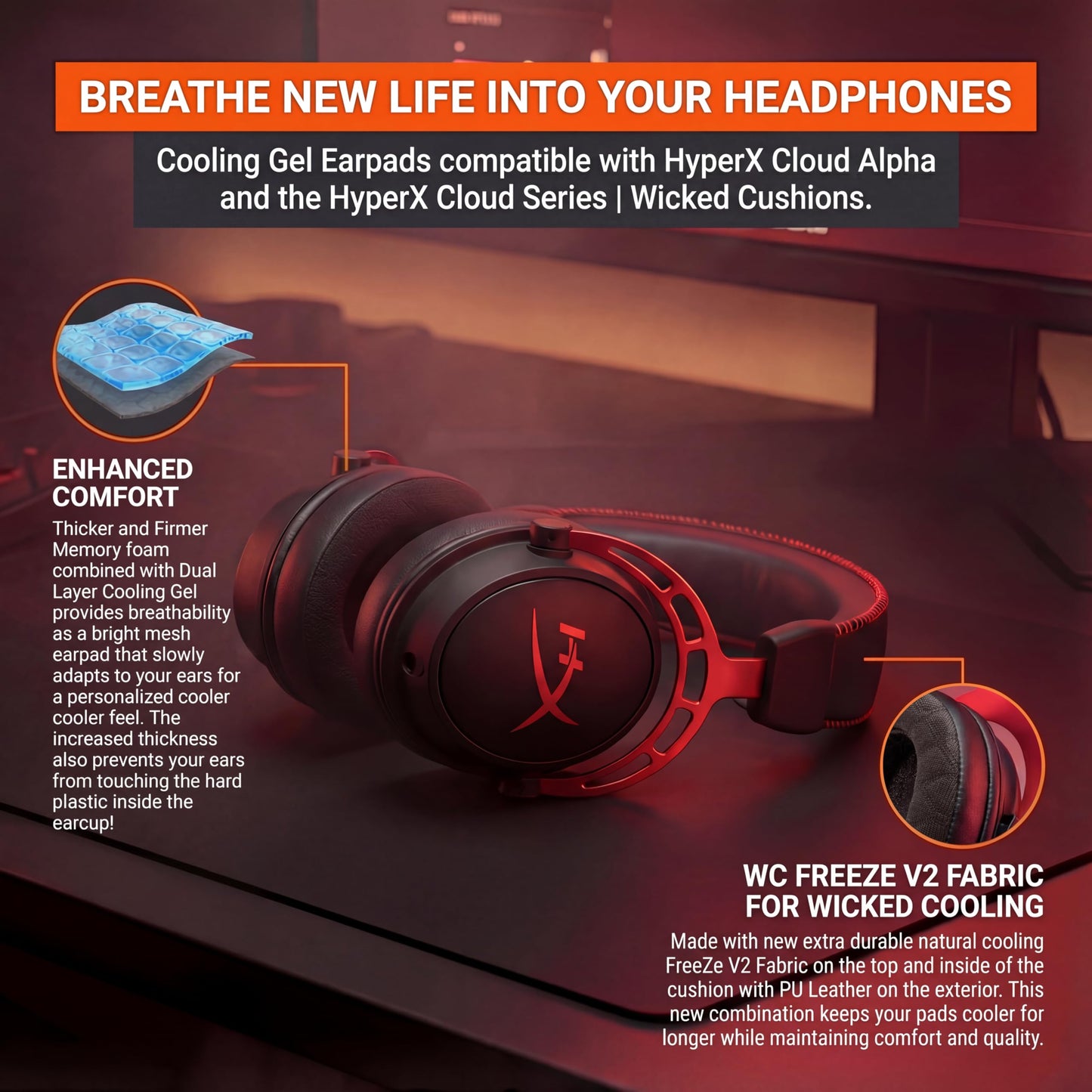 WC Freeze V2 Cloud - Angled Cooling Gel Earpads Compatible with HyperX Cloud Series by Wicked Cushions | Angled Pads for Extreme Comfort, New Freeze