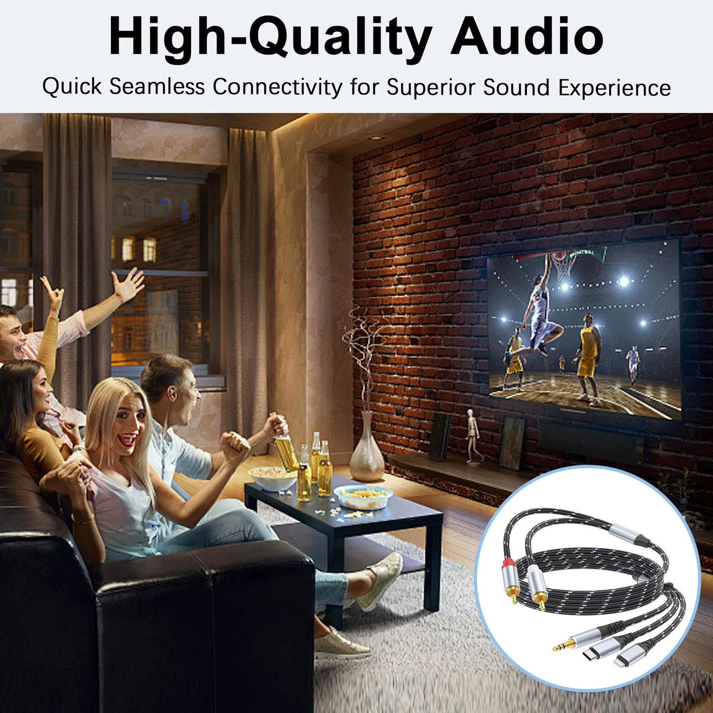 DCNETWORK 3.5mm to RCA Cable, Lightning to RCA Male to Aux Audio Adapter HiFi Sound Headphone Jack Adapter,(3 in 1 Audio Cable) Connector