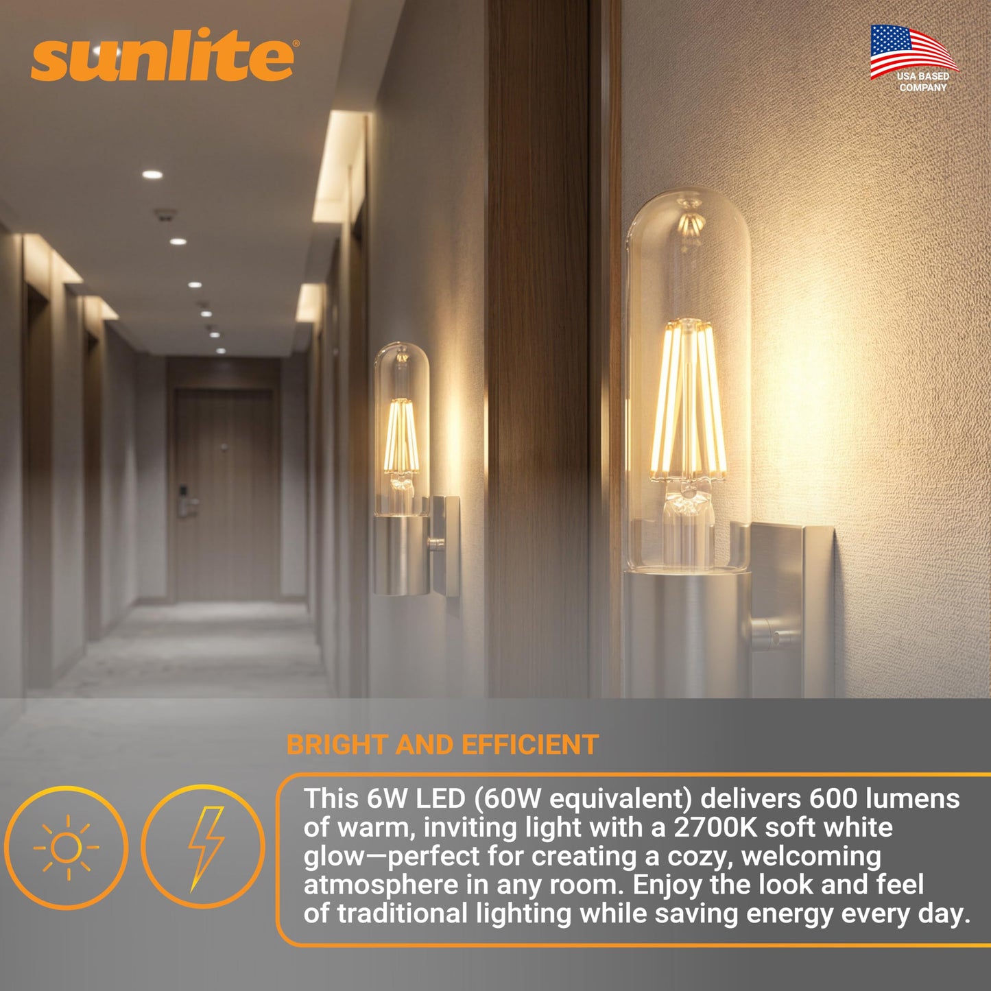 Sunlite LED Filament T10 Tubular Light Bulb, 6 Watts (60W Equivalent), 600 Lumens, Medium E26 Base, Dimmable, 128 mm, UL Listed, 2700K Soft White, 6