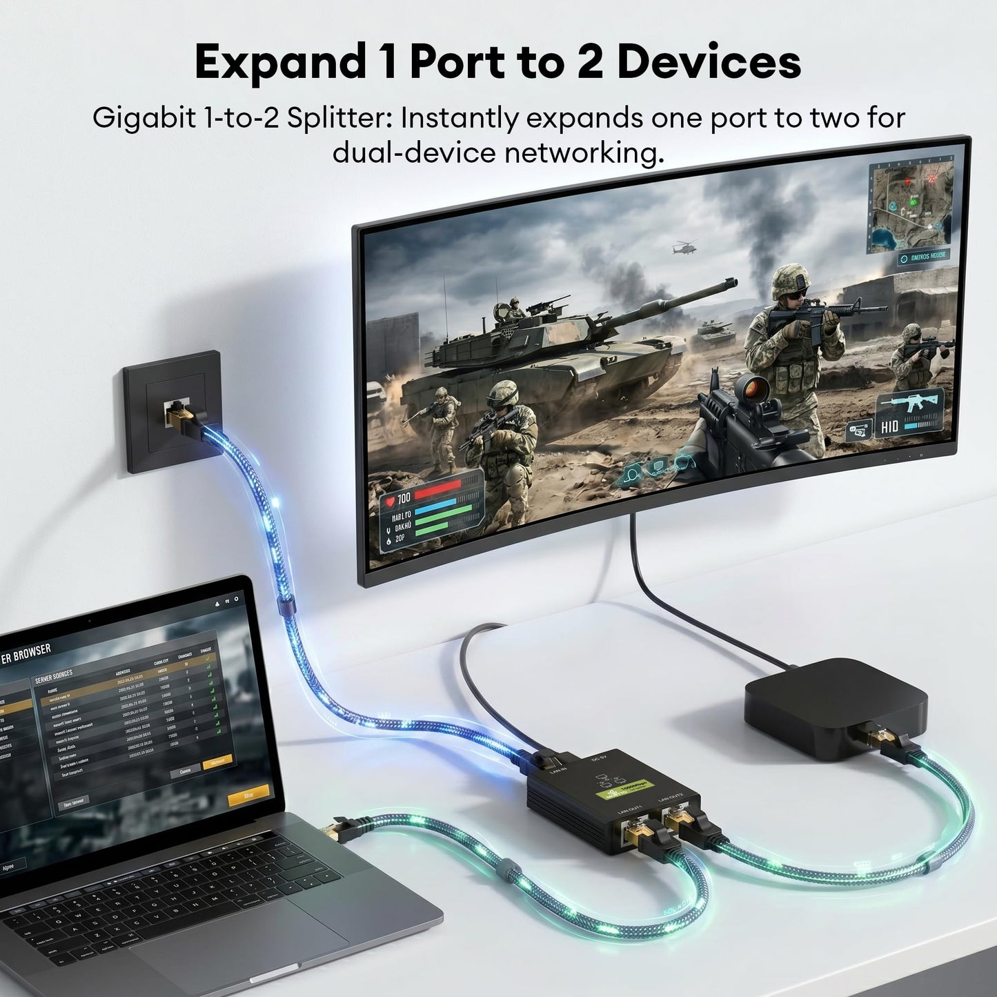 Gigabit Ethernet Splitter 1 to 2, 1000Mbps 2 Port Network Switch