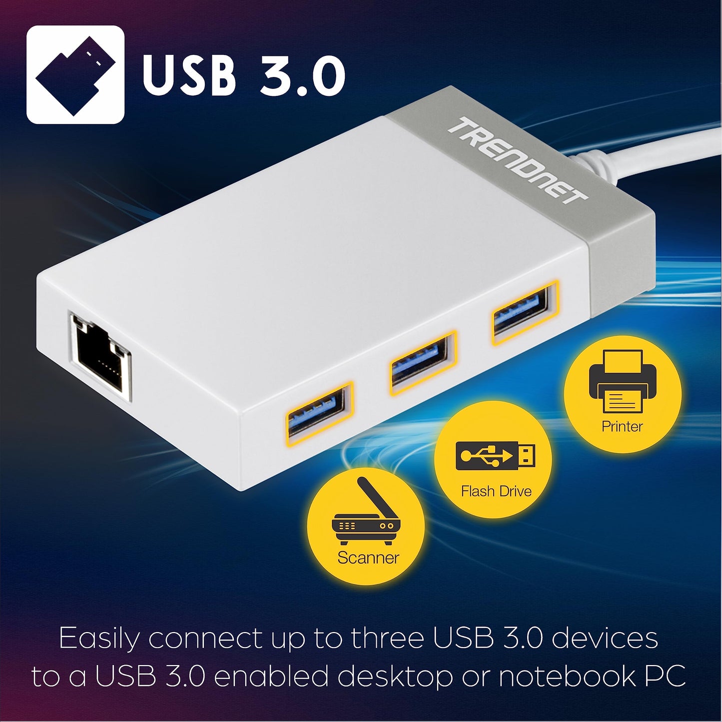 TRENDnet 3-Port USB 3.0 Hub, TU3-ETGH3,Compact USB to Ethernet Adapter