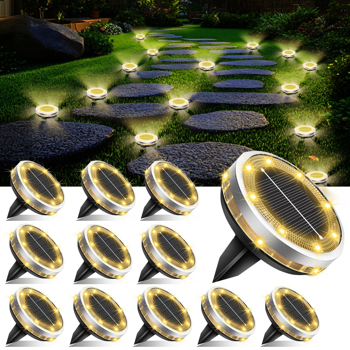 Solar Ground Lights Outdoor 12 Pack Waterproof, Upgraded Solar Garden Lights with 4 Side Light, Stainless Steel Solar Powered Disc Landscape Light