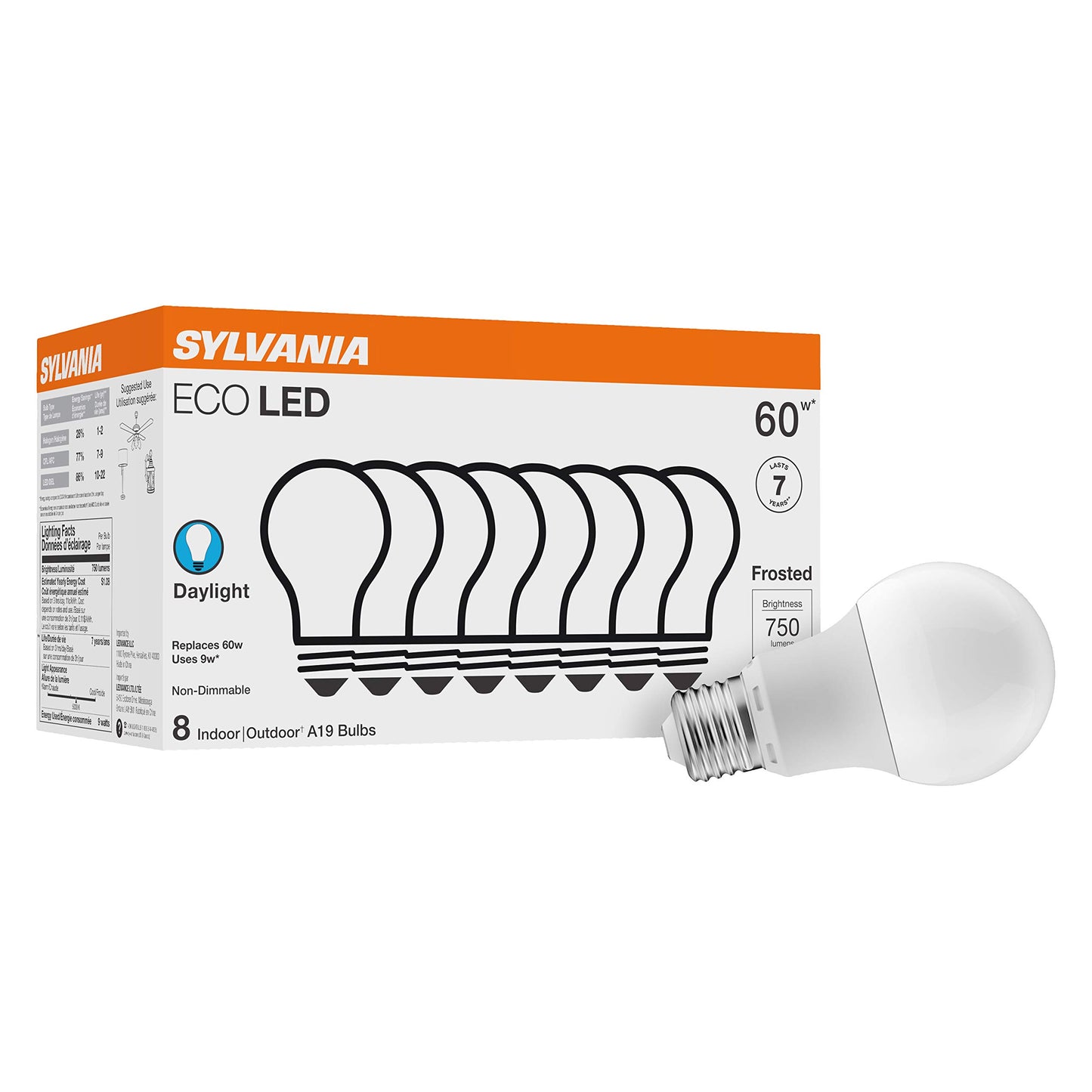 Sylvania ECO LED A19 Light Bulb, 60W Equivalent, Efficient 9W, 7 Year, 750 Lumens, Non-Dimmable, Frosted, 5000K, Daylight - 8 Pack (40883)