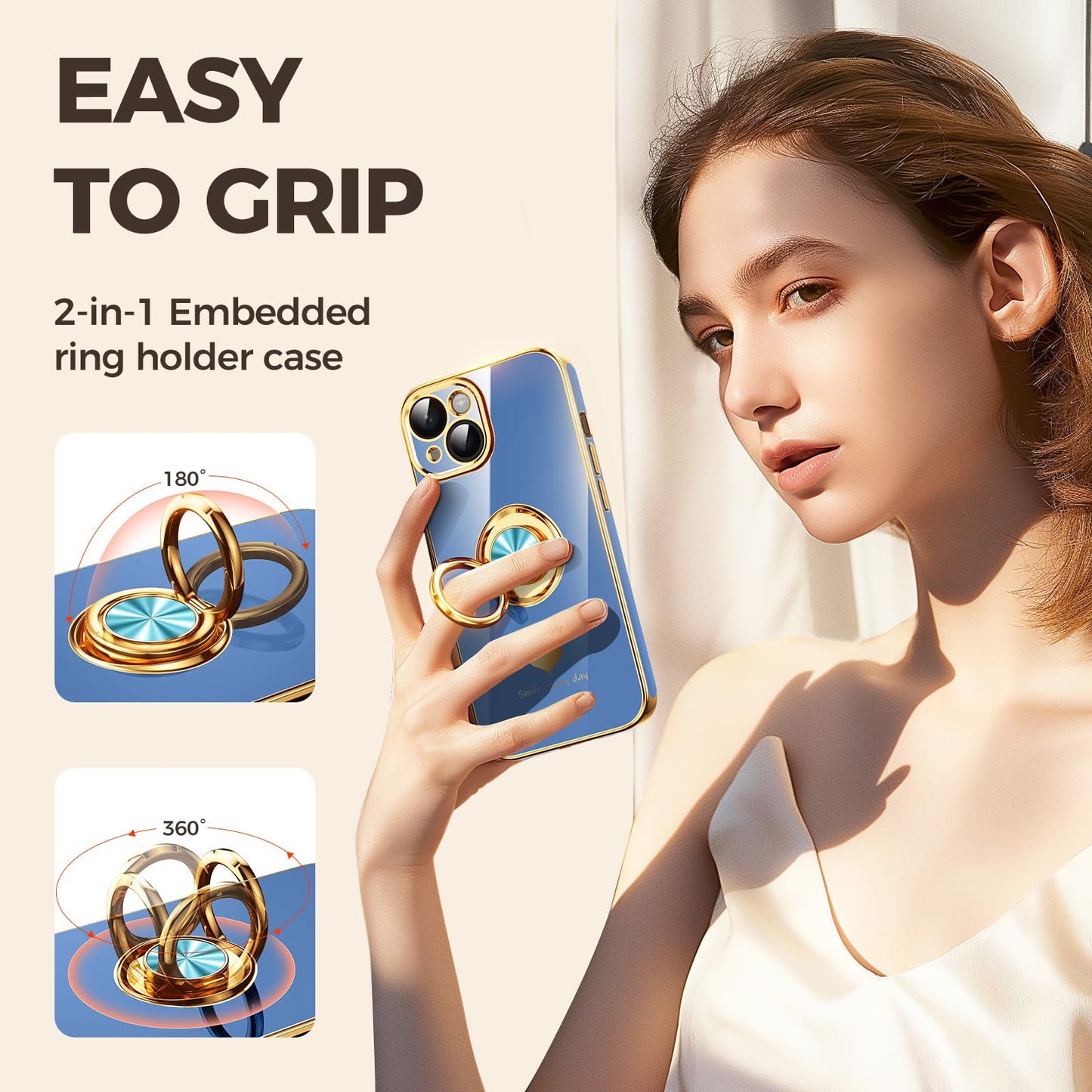 Nonional Compatible for iPhone 14 Case with 2 Pack Screen Protector, 360° Rotatable Ring Holder [Luxury Hearts Pattern] Plating Gold Edge Slim Soft