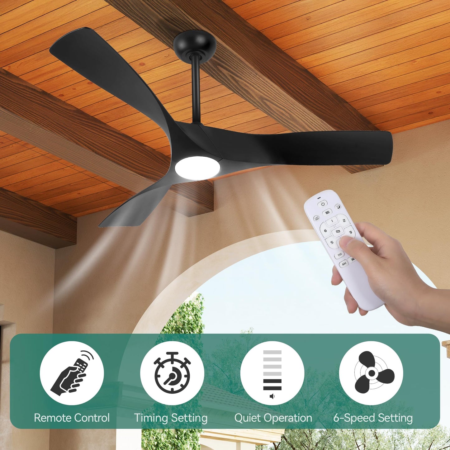 YITAHOME Black Ceiling Fan with Light, 52in Ceiling Fans with Remote for Patio, 3 Blade Ceiling Fans, 2 Downrods, 6 Speeds Reversible Noiseless DC