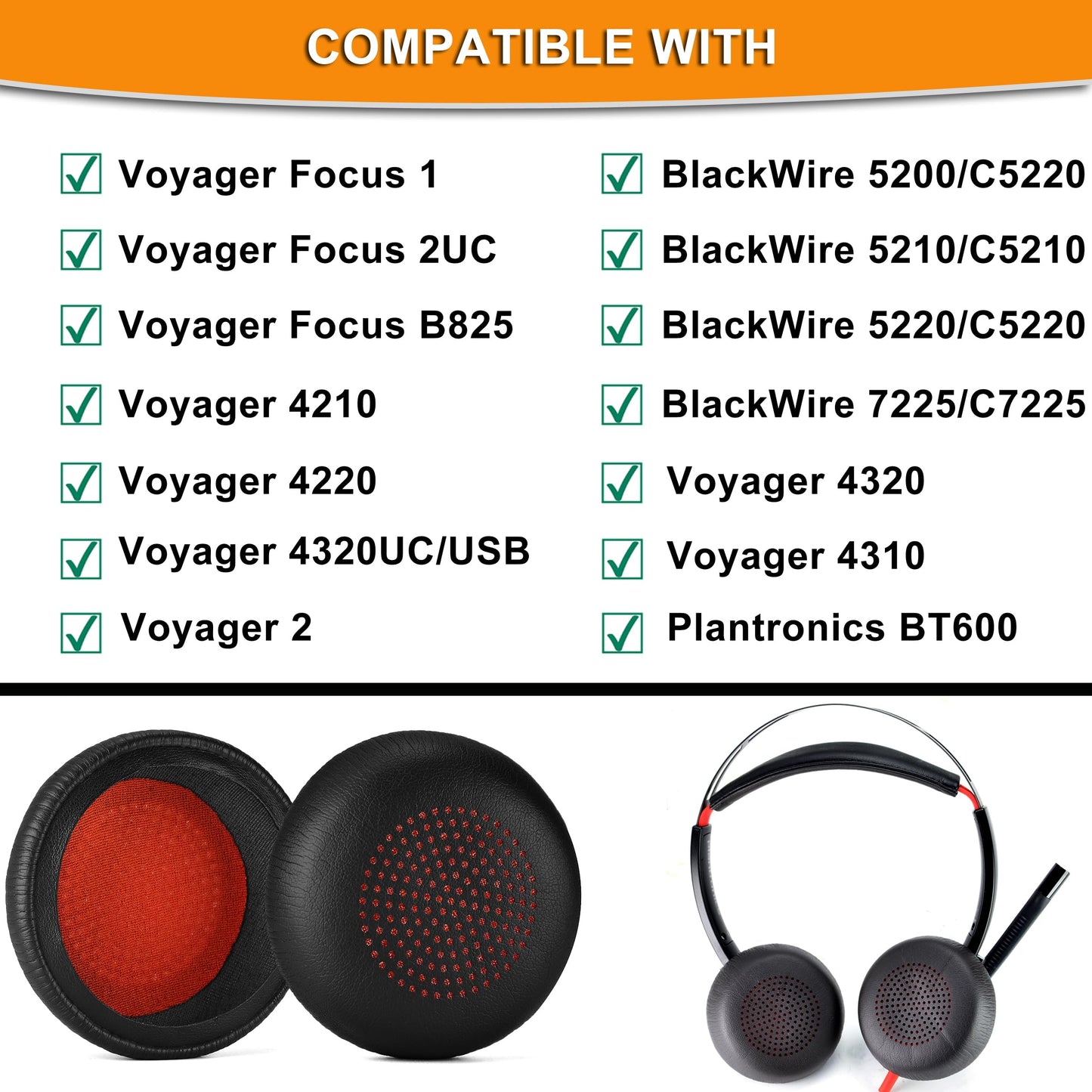 Voyager Focus UC Ear Pads - Replacement Ear Cushion Cover Compatible with Poly Voyager Focus UC, Plantronics Voyager Focus UC B825 Binaural, BLACKWIRE