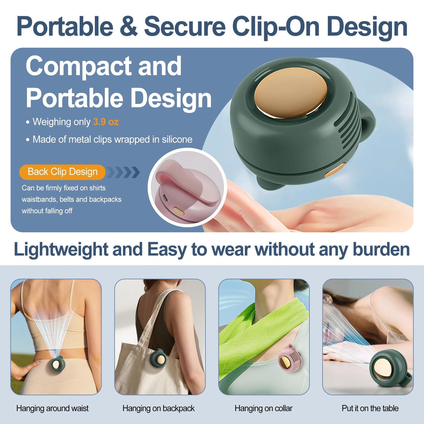 Lwjhzywl Portable Clip-On Bladeless Mini Fan, Silent 3-Speed Adjustable Personal Fan, USB Rechargeable, Shirt & Waist Clip Suspended Cooling Fan