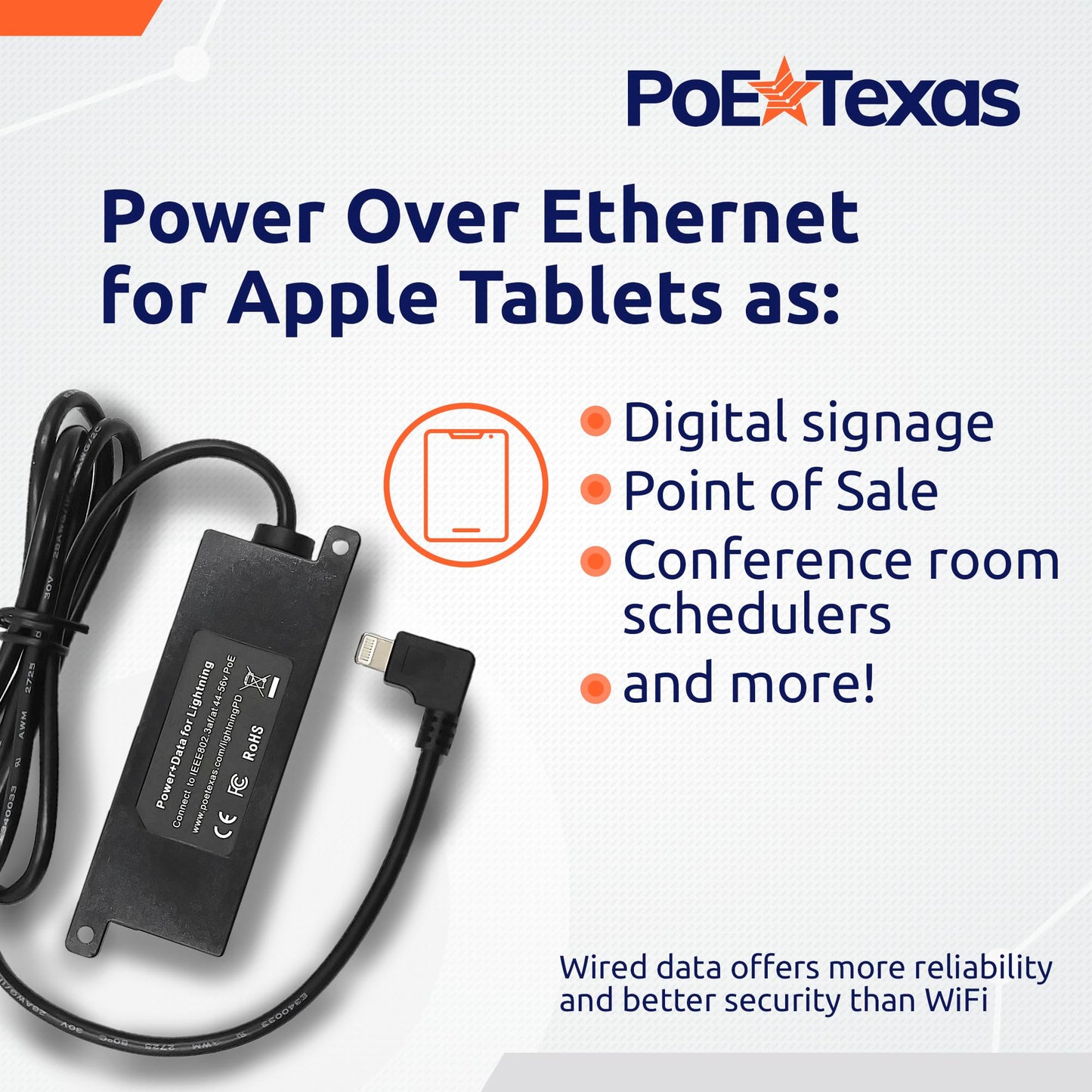 PoE Texas Ethernet to Lightning Adapter - 12 Watt Power and Data for iPad Tablets, iPhone - 802.3af PoE Splitter for POS, Kiosks, Digital Signage