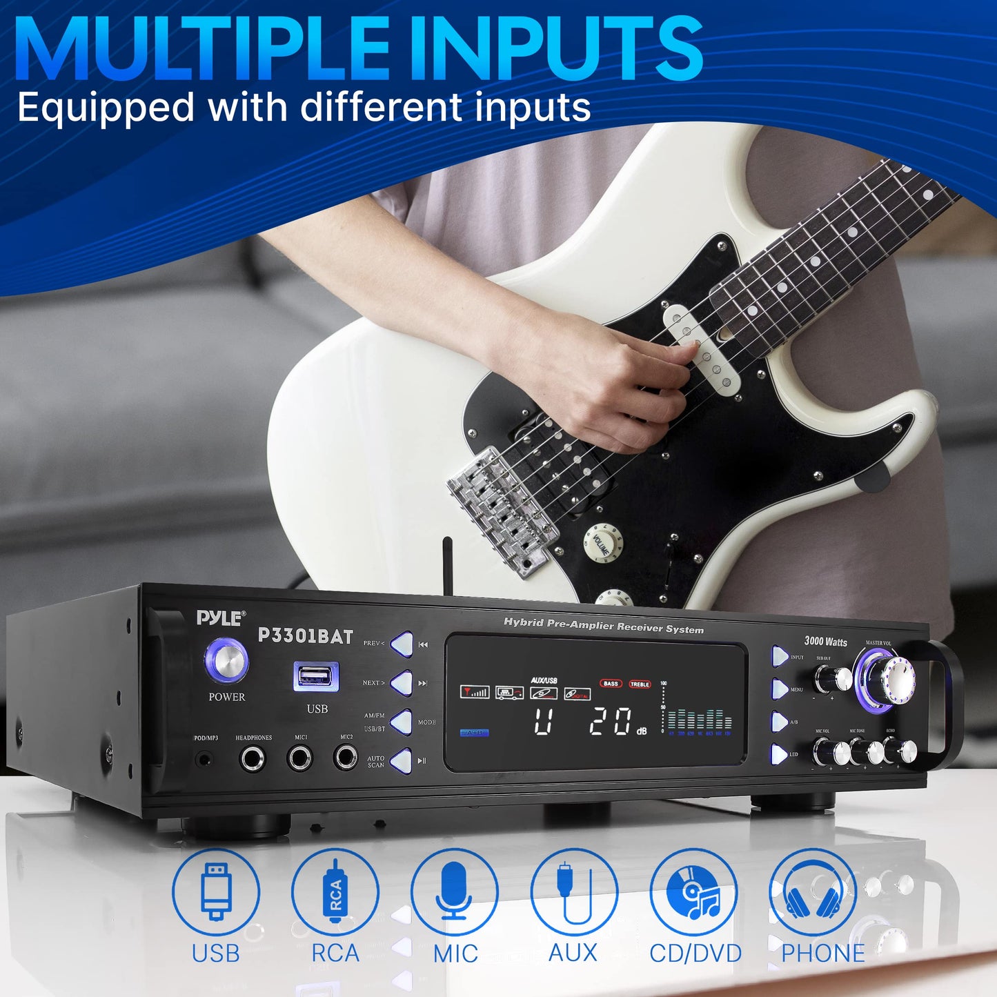Pyle Bluetooth Home Stereo Amplifier - Hybrid Multi-Channel 3000 Watt Power Amplifier Home Audio Receiver System w/ AM/FM Radio, MP3/USB,AUX,RCA