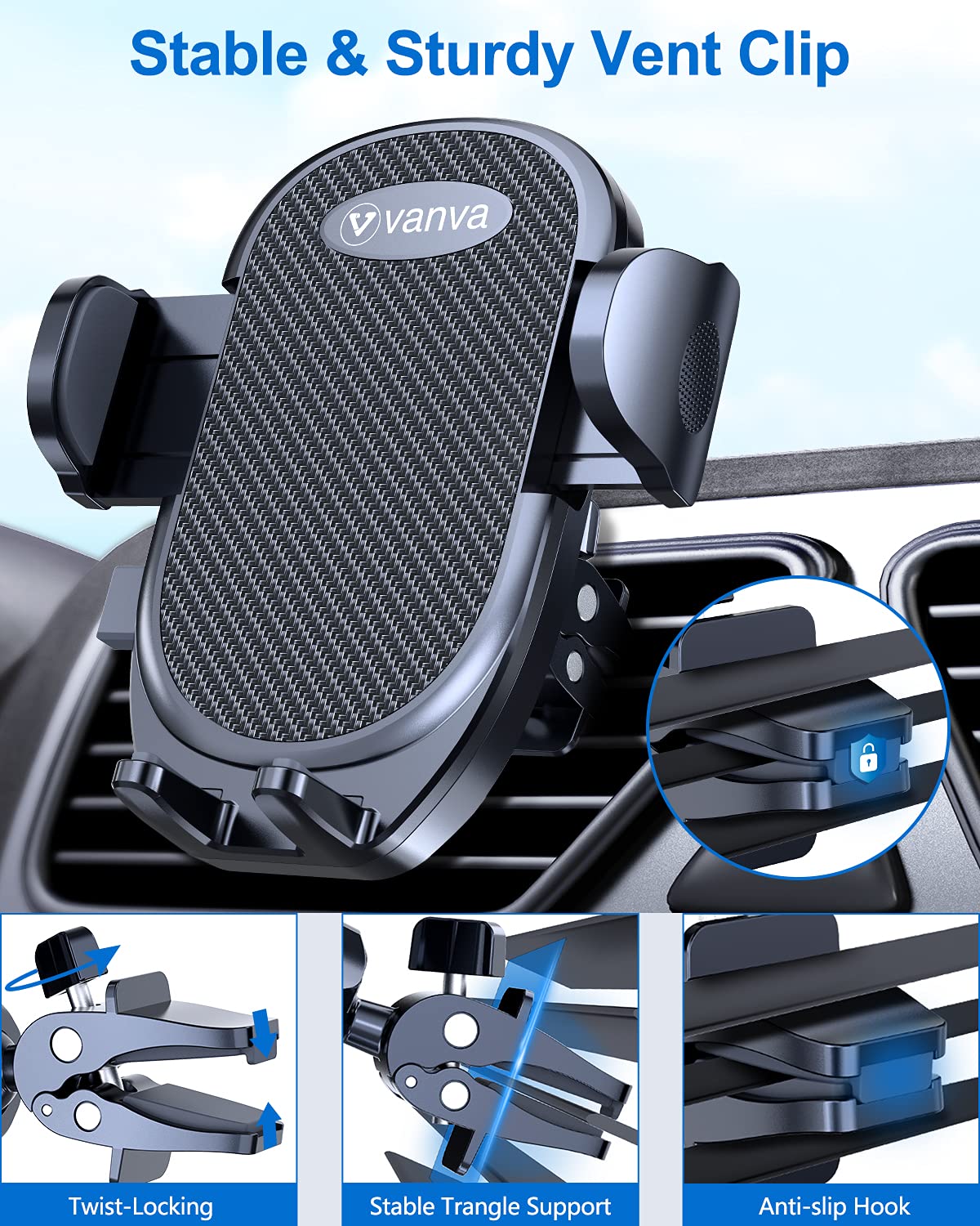 vanva Universal Air Vent Car Mount, [ Big Phones & Thick Case Friendly ] Cell Phone Holder for Car Hands Free Clamp Cradle Vehicle fit for All Apple