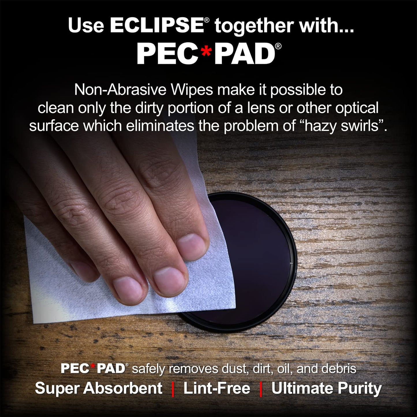 PEC-PAD Lint Free Wipes and Eclipse Optic Cleaning Solution - Non-Abrasive 4" x 4" Lens Wipes for Phone, Camera, Computer, and All Sensitive Glass