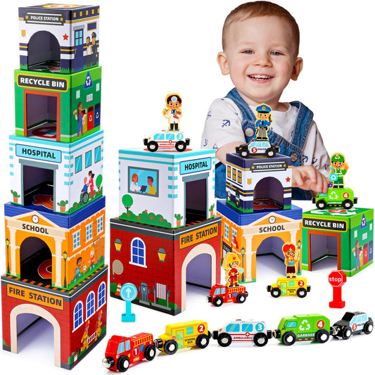 Baby Stacking Toys – Magnetic Wooden Cars & Garage Sorting Set, Montessori Educational Toys for Toddlers & Preschool Kids Birthday Gift