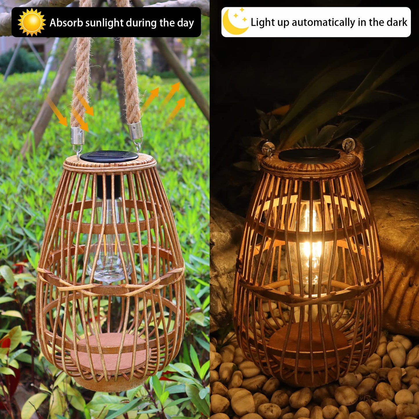 Natural Rattan Solar Lantern with Handle - Large Waterproof LED Decorative Garden Lights, Bright Rattan Solar Table Lamp for Yard, Patio, Wedding
