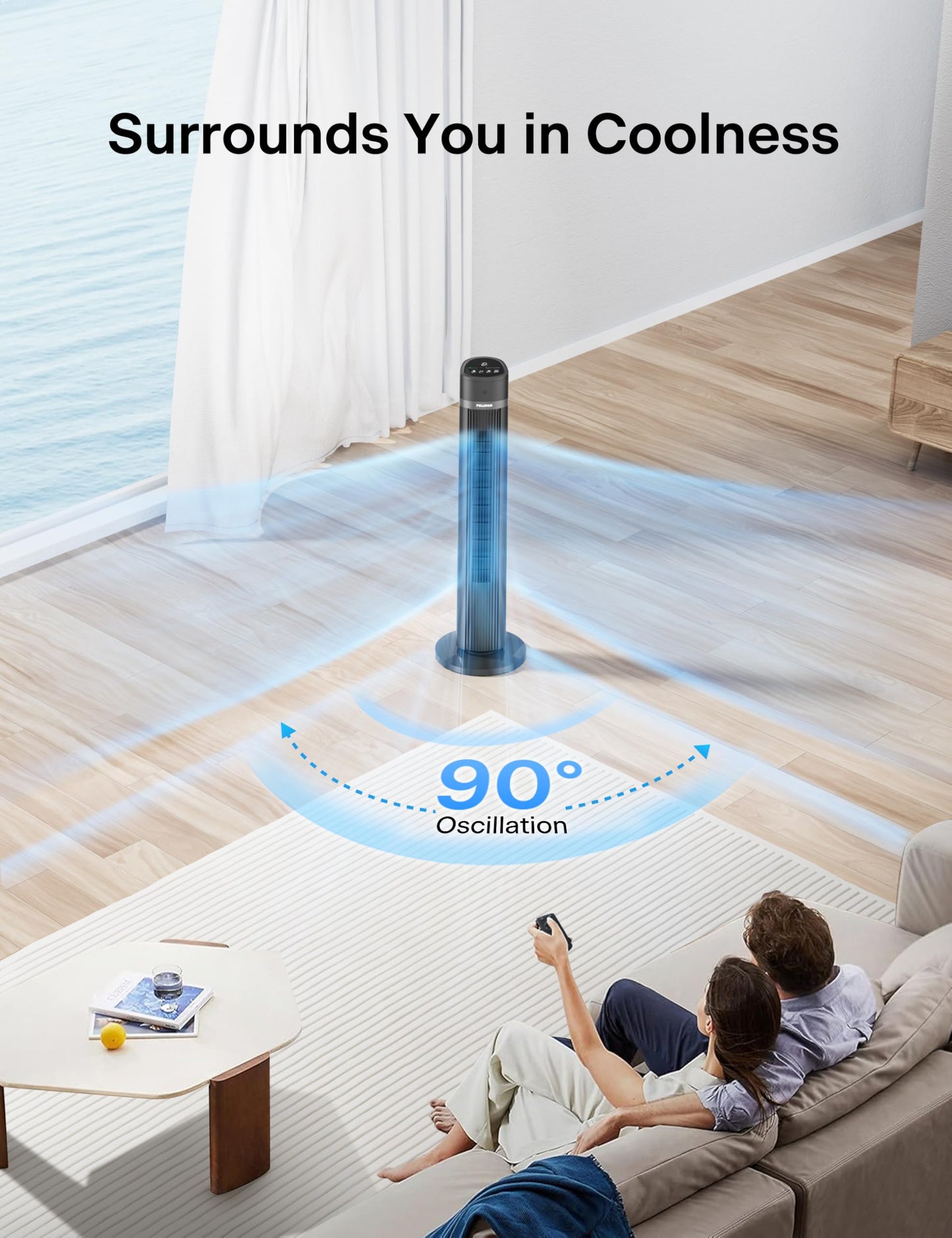 PELONIS 40-inch Bladeless Tower Fan for Bedroom, Standing Fan with Remote Control, 26ft/s, 90° Oscillation, 3 Speed Settings, 27 dB, 3 Modes, 15-Hour