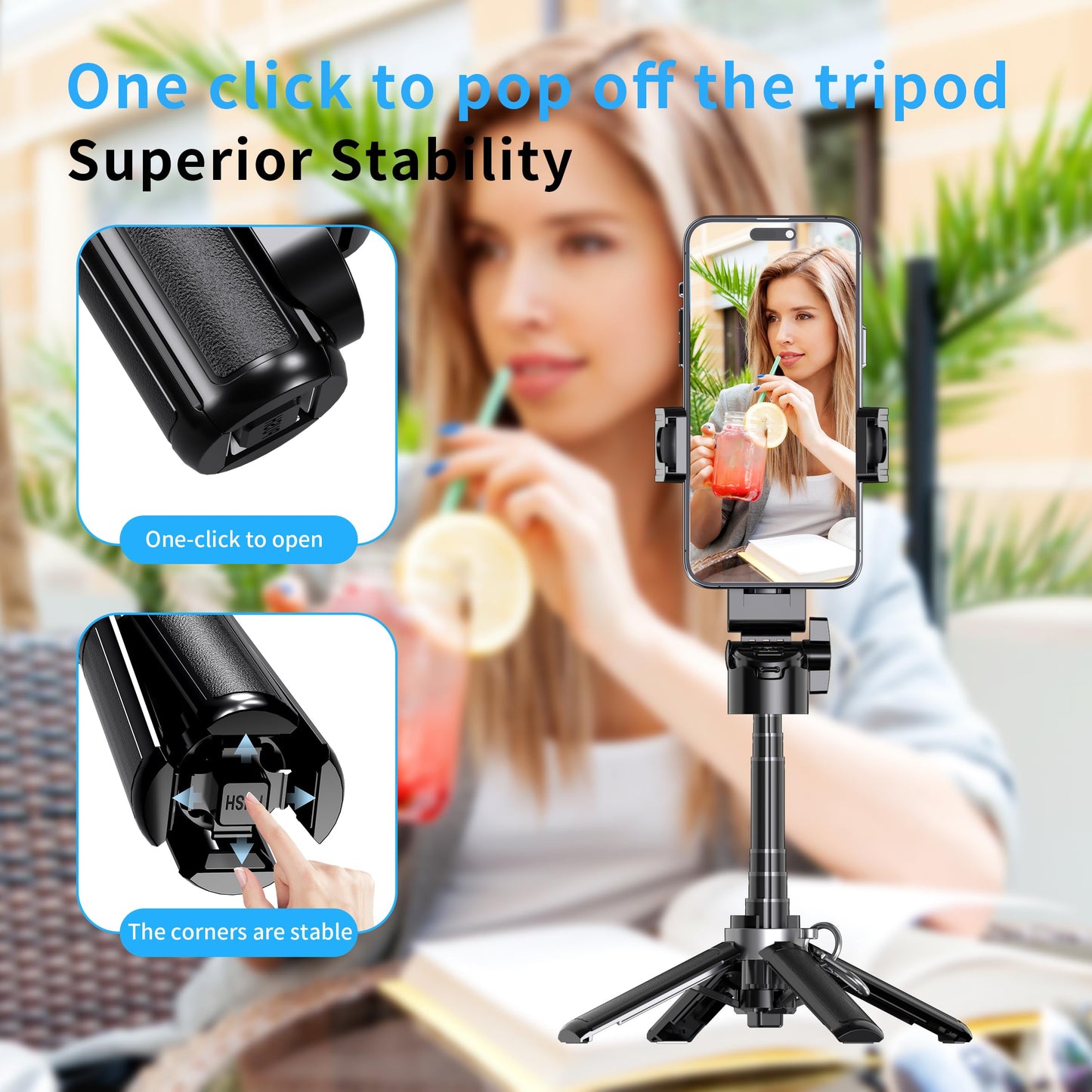 GripPic Mini Selfie Stick Tripod Stand for iPhone ?6-Section Adjustable Height Extension (12-42cm)?10 Meter Remote One Click Control ?Suitable